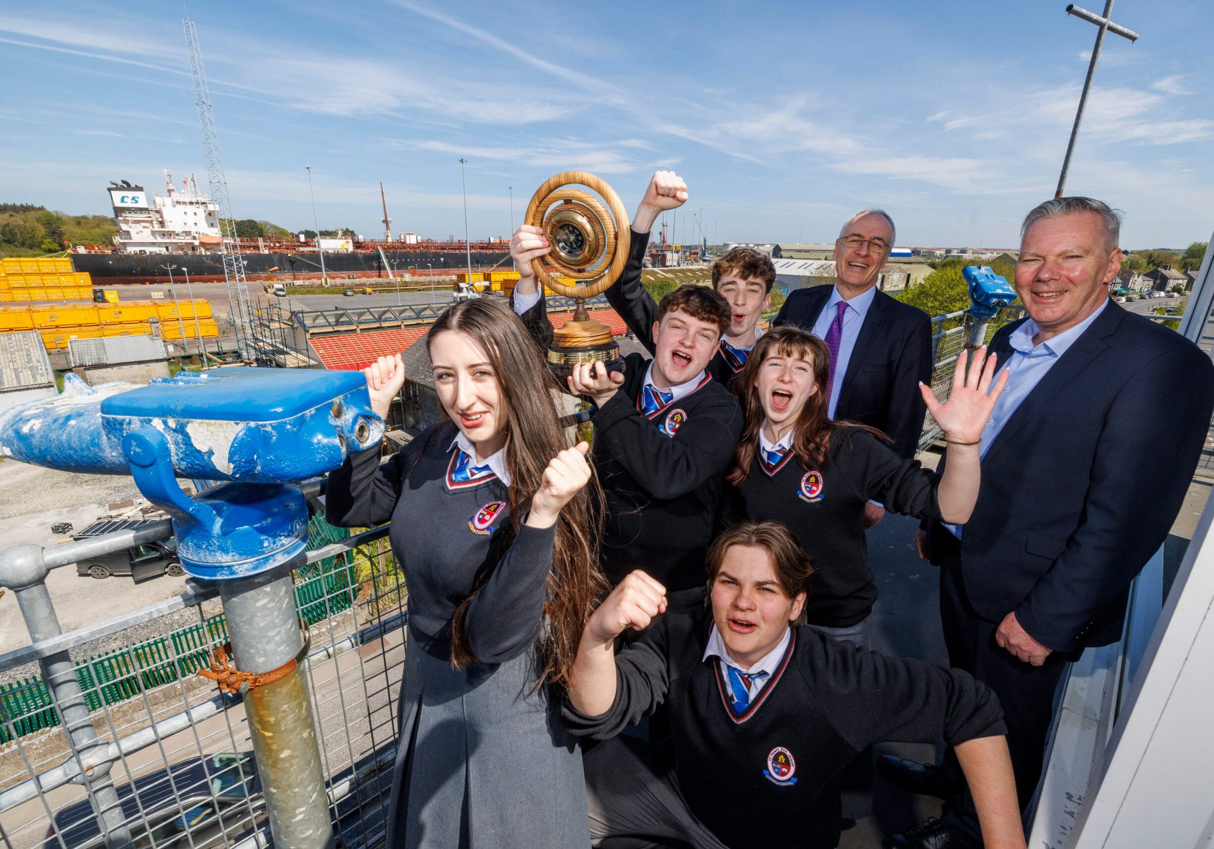 Compass
Shannon Foynes Port Company
Winners Colaiste Chiaran, Croom Co Limerick, Sorry to Interrupt!
Malgorzata Krosta, Jason Daly, Cormac Clancy, Chloe Danagher and Eryk Tylock with teacher Patrick O'Keeffe with Chairperson Michael Walsh and CEO Pat Keating at Foynes Aviation and Maritime Museum Tower.Pic Arthur Ellis